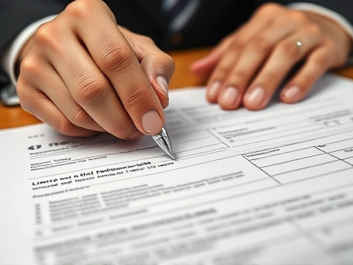 A close-up, highly detailed shot of hands pointing to specific sections of an official government application form, with a pen ready to sign, illustrating the precise and careful review required for license and permit applications. The focus is on the document and the act of processing, emphasizing accuracy and attention to detail.