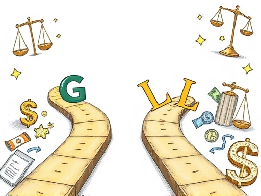A detailed illustration of two distinct paths, one representing a guarantee loan with a stylized 'G' and the other a collateral loan with an 'L', surrounded by elements like scales of justice and monetary symbols, symbolizing choice and financial decision-making for loans.