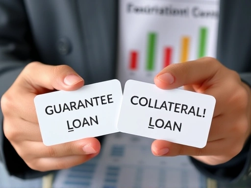 Close-up view of hands holding two different cards, one labeled 'Guarantee Loan' and the other 'Collateral Loan', with a blurred background of financial graphs, emphasizing the personal choice and comparison between loan options.