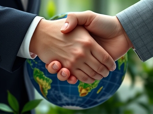 Close-up of hands shaking over a globe, symbolizing a partnership between finance and environmental/social responsibility, with subtle digital overlays of data and green leaves.
