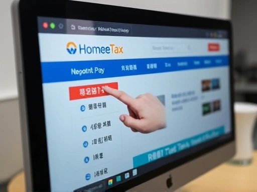 A close-up view of a computer screen displaying the HomeTax website interface, with a hand pointing to the