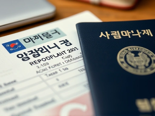 Close-up of an official Korean work visa document and a stamped passport, indicating the legal status for foreign employment, with a blurred background of a desk or office environment.