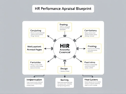 A detailed illustration of an HR performance appraisal system blueprint, showing interconnected stages of design, implementation, and feedback loops with clear diagrams and text overlays.