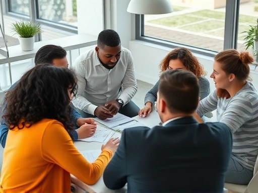 Close-up on a diverse team collaborating around a table, discussing performance metrics and feedback forms, emphasizing communication and fair evaluation within an HR context.