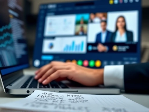 Close-up of a digital dashboard showing collaboration tools and a video conference call, with blurred hands typing on a laptop and a notepad with key insights on hybrid work. Professional, organized, and technologically advanced.