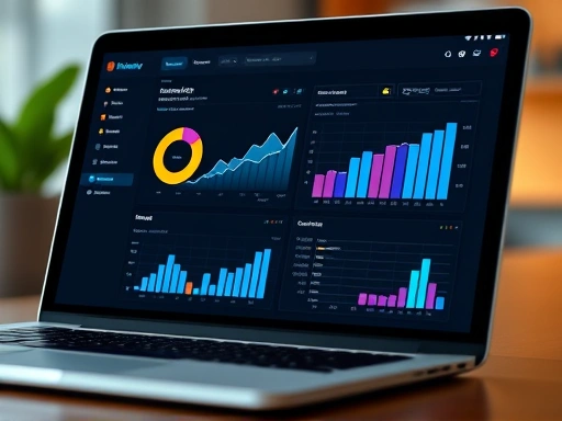 Close-up shot of a laptop screen displaying a data analytics dashboard with graphs and charts, measuring the success and ROI of an influencer marketing campaign.