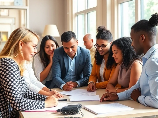 A diverse group of innovators, creators, and business owners collaboratively working on protecting their intellectual property, with legal documents and tech devices, bright, positive atmosphere, representing intellectual property application and protection strategies.