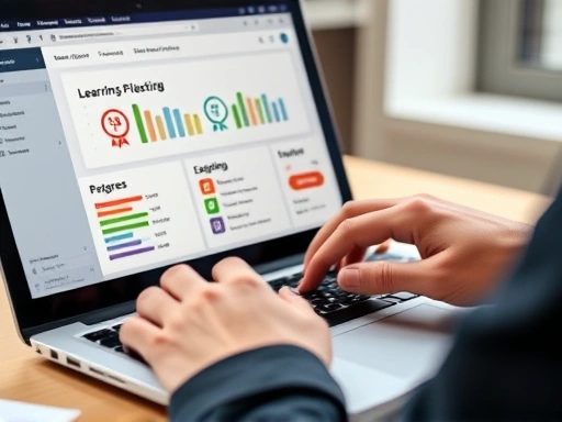 Close-up of a person's hands typing on a laptop with a modern learning platform interface, showing progress bars and skill badges, symbolizing effective reskilling and upskilling in a digital learning environment.