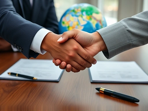 A close-up shot of two diverse hands shaking across a table with legal documents and a globe in the background, symbolizing international agreement and trust. Professional, clear, and modern.