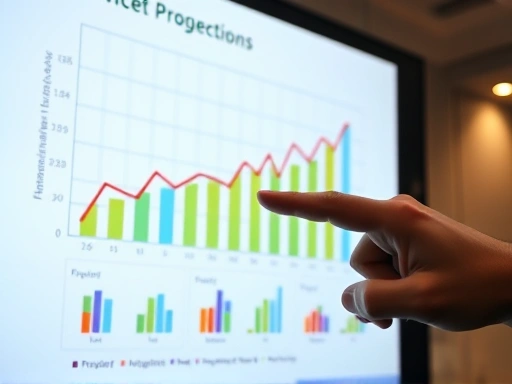 A close-up of a hand pointing to a financial growth chart on an IR pitch deck screen, showing key metrics and projections, emphasizing data-driven insights and financial planning.
