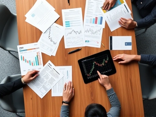 An overhead shot of a modern boardroom table with various financial documents, graphs, and a tablet displaying stock charts. Emphasize a professional, strategic meeting environment for IPO planning.