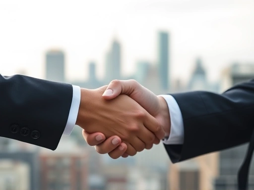 Close-up shot of a handshake between a business executive and a financial advisor, with a blurred background of a city skyline, symbolizing a successful partnership in the IPO journey.