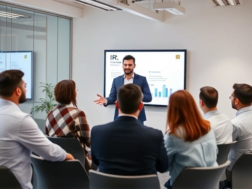 A dynamic and confident startup founder presenting an IR pitch deck to a diverse group of investors in a modern meeting room, focusing on engagement and clarity, illustrating an investment pitch meeting.