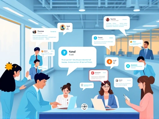 A dynamic and engaging visual representing Kakao Talk channel customer management, with diverse users interacting with a company's channel, showing different features like chat bubbles, a chatbot icon, and a message alert, in a modern, vibrant setting. Focus on efficiency and connection.
