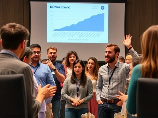 Close-up of a diverse group of entrepreneurs enthusiastically pitching their ideas on a stage with a projector screen showing graphs, symbolizing KDB NextRound investment pitch.