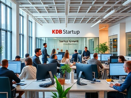A wide shot of a modern, collaborative startup office space with people brainstorming and computers, representing innovation and growth, KDB startup support in the background.