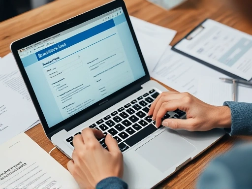 A close-up, detailed shot of hands working on a laptop, displaying an online application form for a business loan or grant, with various official documents and a business plan booklet spread around. The focus should be on the meticulous preparation required for the application process, highlighting the attention to detail.