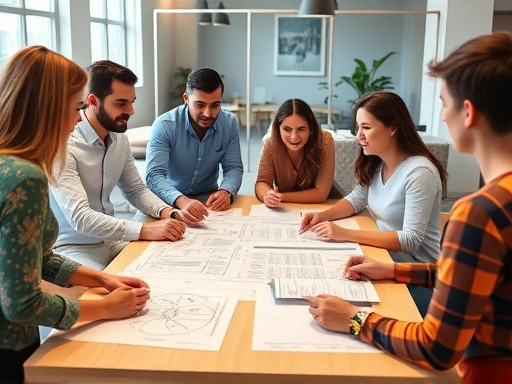 A diverse group of people discussing business plans in a modern, well-lit co-working space, with diagrams and documents on the table, representing the complexity of starting a business and the need for guidance on licensing.