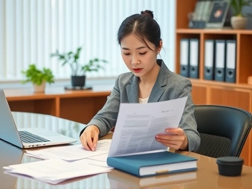 A Korean HR manager diligently reviewing legal recruitment documents at her office desk, surrounded by papers and a laptop, emphasizing attention to detail and legal compliance in employee hiring.
