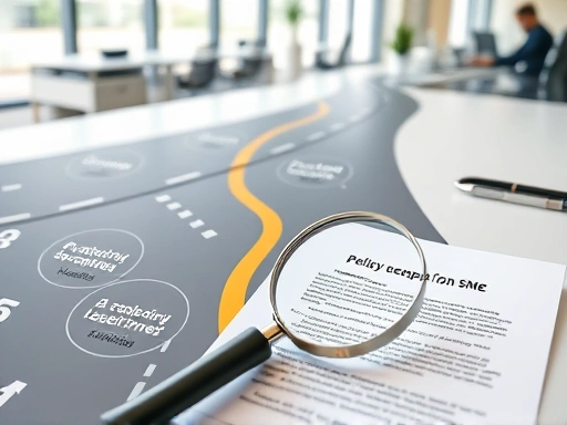 A detailed roadmap showing different paths for policy loan applications, with a magnifying glass over a document, set in a modern office, representing clear guidance for SMEs.