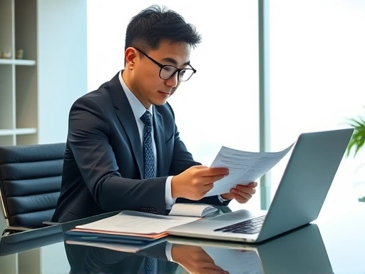 A Korean businessman carefully reviewing VAT declaration documents at a modern office desk, with a laptop showing the HomeTax website. The scene is bright and professional, emphasizing detail and compliance with Korea VAT laws.