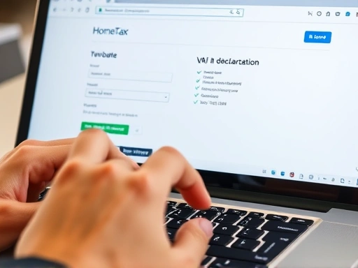 Close-up of hands typing on a laptop keyboard, specifically on the HomeTax website for VAT declaration, showing the input fields for business information and tax details. Focus on accuracy and the process of online tax filing in Korea.