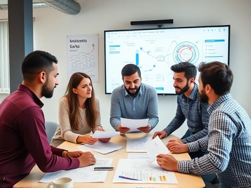 A diverse group of startup founders discussing their business plans in a modern, collaborative office space, with charts and diagrams on a large screen in the background. Focus on innovation and teamwork.