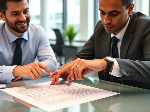 A detailed image of a business owner and an employee reviewing a labor contract, with a friendly yet professional atmosphere. Emphasize compliance and mutual understanding. Focus on hands pointing at sections of the contract on a modern office desk.