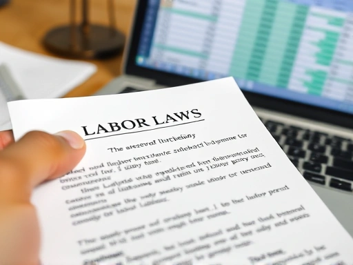 Close-up shot of a hand highlighting a specific section on a legal document related to labor laws, with a laptop showing a spreadsheet in the background. Emphasize attention to detail and accurate data handling.