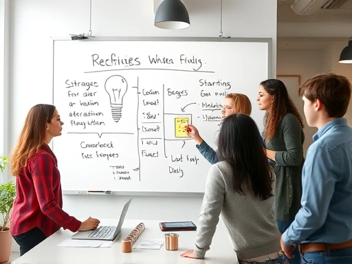 A diverse startup team collaborating around a whiteboard, brainstorming new ideas and strategies, illustrating innovation and teamwork in a modern office environment. Focus on creative thinking and shared goals.