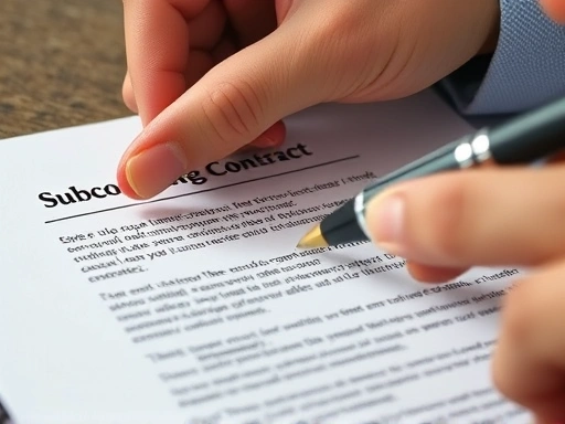 A close-up, high-detail image of a hand pointing to a specific clause in a subcontracting contract, with the other hand holding a pen. The focus is on the intricate legal text and a warning symbol, signifying the importance of reviewing 