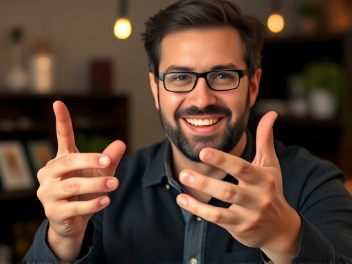 A close-up shot of a professional live commerce host demonstrating a product with confident hand gestures, smiling, and looking at the camera, highlighting expert communication and trust in live sales.