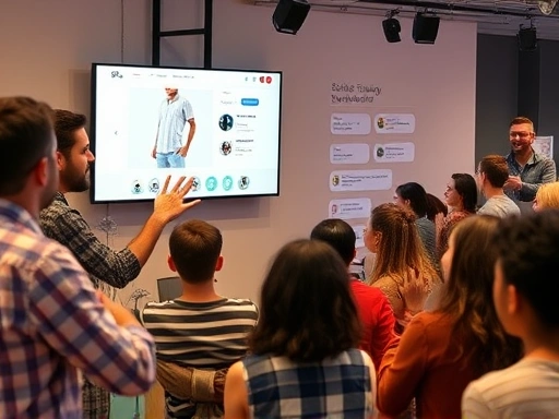 An engaging, dynamic scene showing a live commerce host enthusiastically presenting a product on screen, with a diverse audience interacting in the chat, emphasizing sales strategy and real-time engagement.