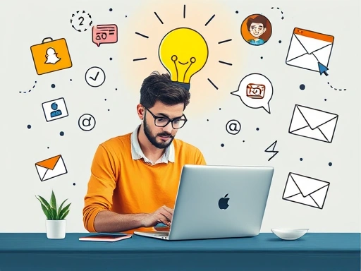 A creative person working on a laptop with lightbulb ideas, surrounded by digital marketing icons like social media, SEO, email, illustrating low-budget online marketing strategies.