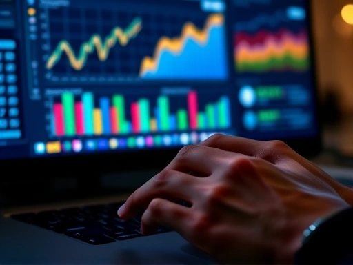 Close-up of hands typing on a keyboard, with graphs and charts on screen, symbolizing detailed analysis and optimization for online marketing campaigns.