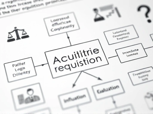 A close-up, detailed shot of a flowchart depicting the complex stages of a corporate acquisition process, including due diligence, valuation, and integration, with abstract elements indicating legal and financial aspects.