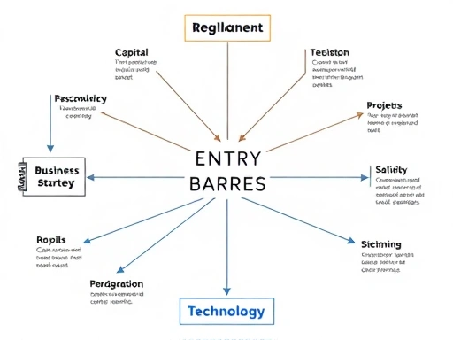 An intricate, analytical chart visualizing various market entry barriers, including capital, regulation, and technology, with lines connecting them to business strategy, in a clean, modern style, suitable for a business blog.