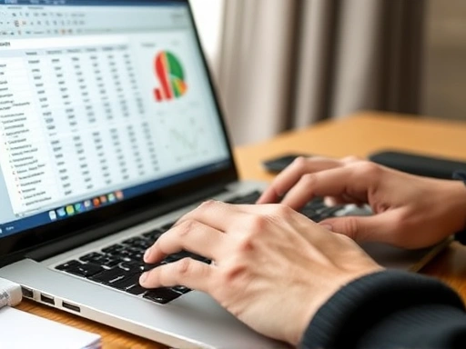 A close-up shot of hands typing on a laptop, displaying a detailed spreadsheet or a specialized software interface for market research and competitor analysis data.