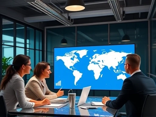 A diverse group of business professionals in a modern, collaborative office space, looking at global market data on a large screen, with maps and charts visible, symbolizing strategic planning for international expansion.