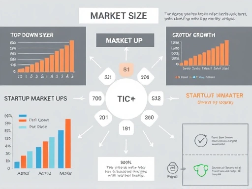 A detailed infographic illustrating market size analysis with data charts, arrows pointing to growth, and interconnected segments, in a modern, clean design. It should convey complexity and growth potential visually, incorporating concepts of top-down and bottom-up analysis for startup market size. Focus on clarity and professional presentation.