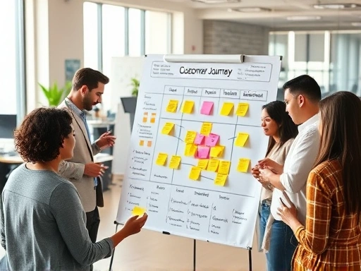 A diverse group of marketing professionals collaboratively brainstorming, using sticky notes and whiteboards to create a detailed customer journey map, in a modern, brightly lit office environment, focusing on strategic planning.
