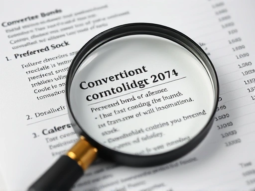 Close-up of a financial document highlighting sections on convertible bonds and preferred stock, with a magnifying glass over key terms, indicating detailed analysis of mezzanine investment types.