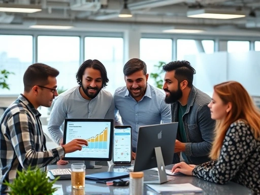 A diverse group of mobile app developers and marketers collaborating in a modern, brightly lit office, brainstorming strategies for mobile app marketing and App Store Optimization (ASO). They are looking at screens with analytics and charts, showing growth and engagement. Focus on collaboration and innovation.