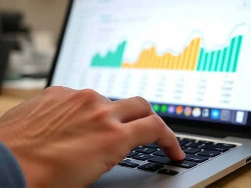 Close-up of hands typing on a keyboard, with a blurred Naver blog statistics dashboard visible on the laptop screen in the background, illustrating data analysis and strategic planning.