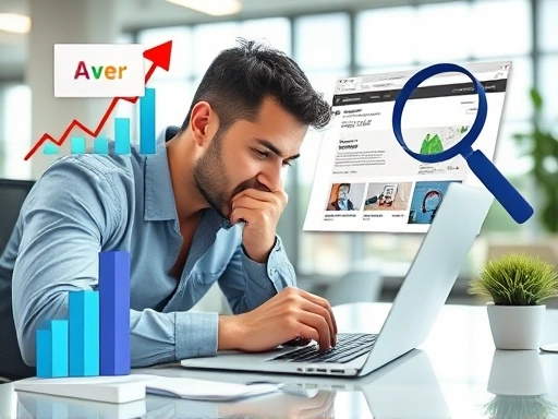 A person thoughtfully writing on a laptop, surrounded by elements symbolizing digital marketing, like a graph, a magnifying glass, and a Naver blog interface on the screen. The scene is brightly lit, modern office setting.