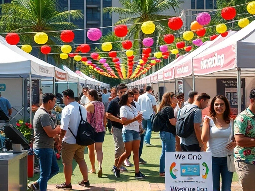 A dynamic scene showing a successful outdoor event, with people interacting happily, booths, colorful decorations, representing effective offline marketing. Focus on vibrant atmosphere and engagement.