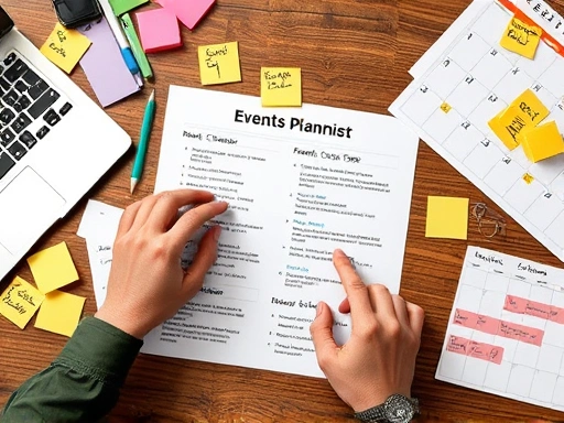 Close-up of hands working on a detailed event planning checklist, surrounded by sticky notes, a laptop, and a calendar, emphasizing meticulous organization for synergy.