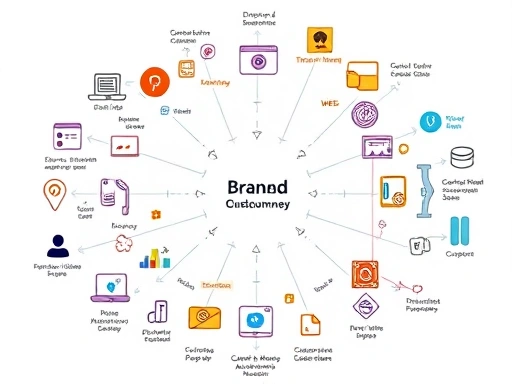 A complex but harmonious diagram illustrating a customer's journey across various digital and physical touchpoints, including phone, web, store, and social media, all seamlessly connected by a central brand, embodying omnichannel marketing.