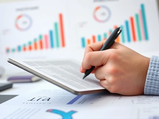 A close-up shot of a person's hands holding a tablet or laptop, actively reviewing patent documents and making notes, with graphs and charts symbolizing patent analysis results in the background, focusing on data points and strategic thinking.