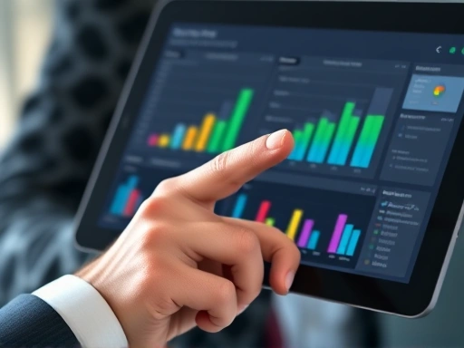 Close-up of a human resources manager's hand pointing at a dashboard on a tablet, showing performance data and analytics. Focus on data-driven decision making and technology integration.